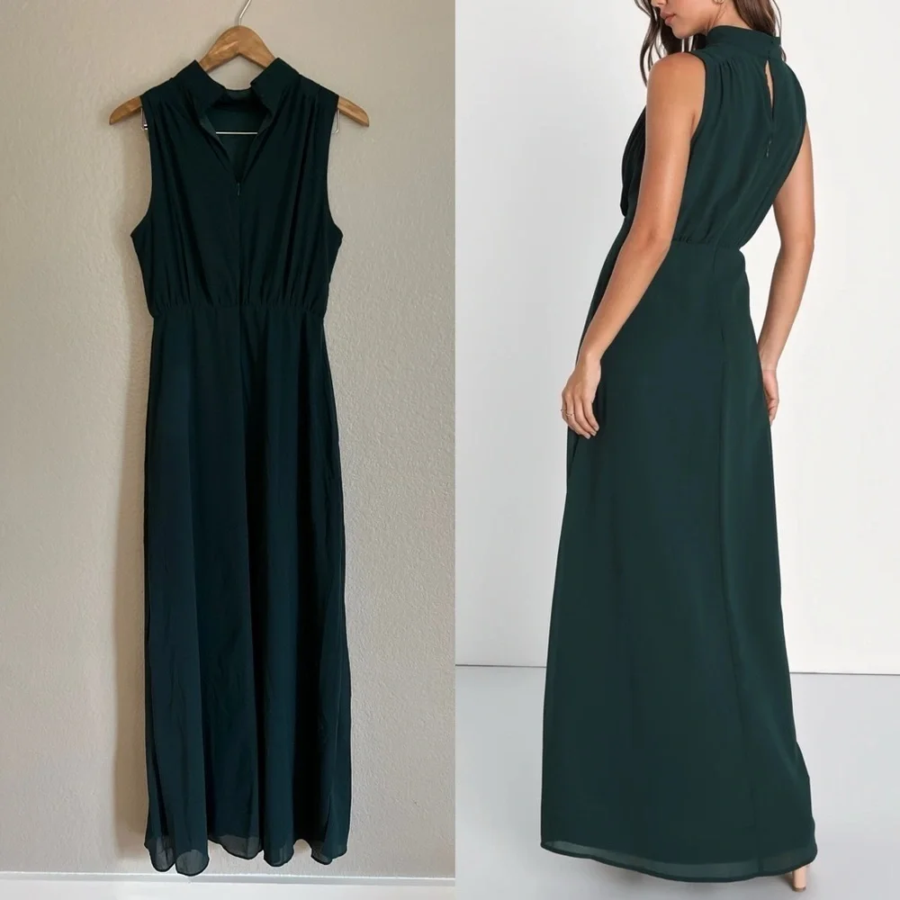 NWOT Classic Elegance Emerald Chiffon Sleeveless Mock Neck Maxi Dress - Picture 3 of 8